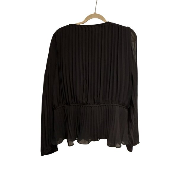 DKNY Black Sheer Chiffon Pleated Blouse V Neck Long Sleeve XL Whimsygoth Career - Picture 4 of 9